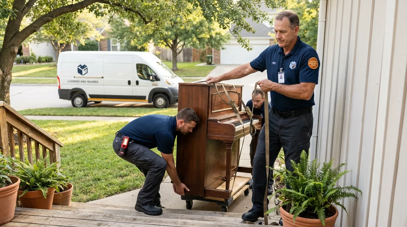 Licensed piano movers securing grand piano in Grand Ronde, OR