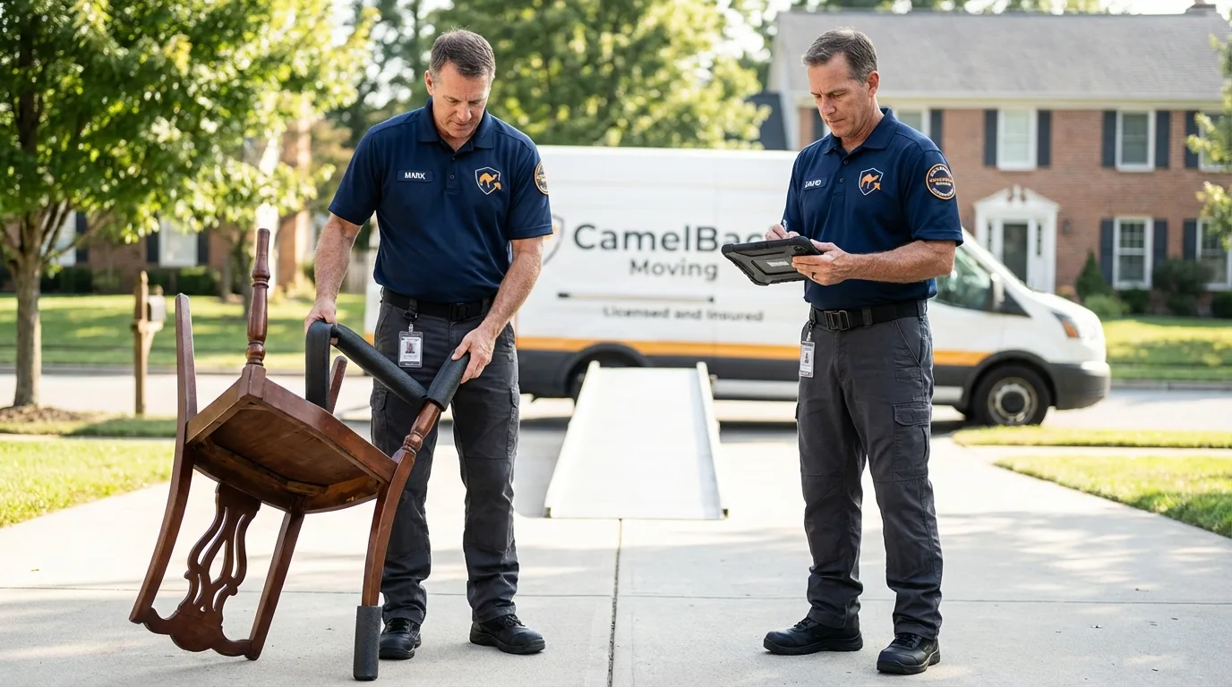 Movers inspecting furniture for damage prevention before loading in Grand Ronde, OR