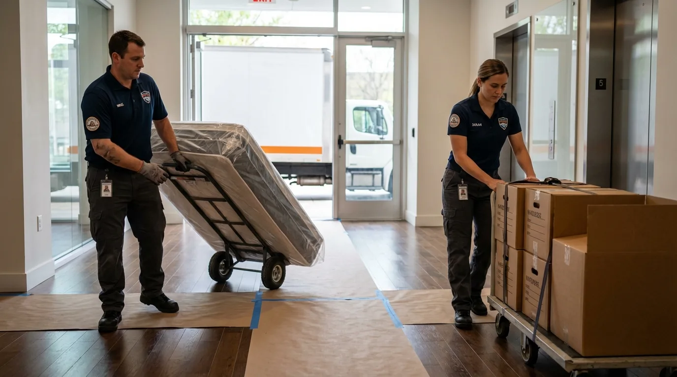 Professional apartment movers loading elevator in Grand Ronde, OR