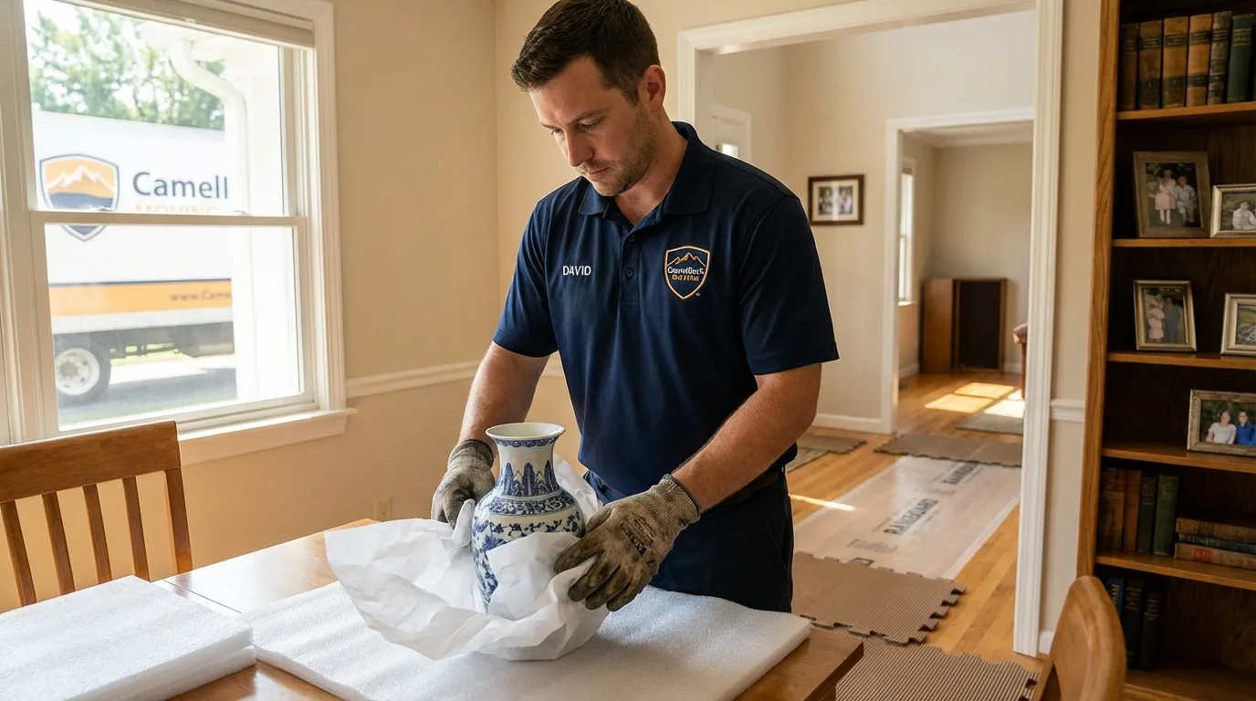 Professional crew carefully wrapping antique vase for senior downsizing move in Grand Ronde, OR